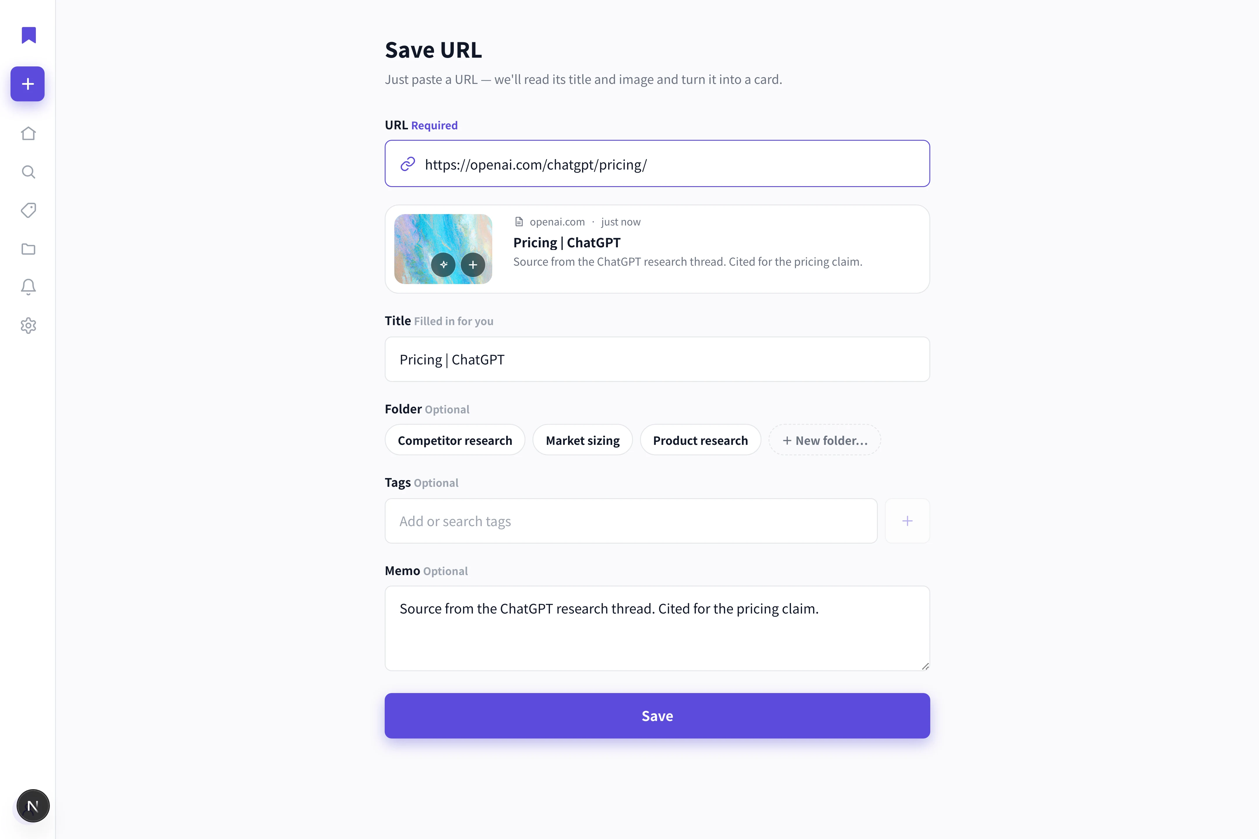 The LaterList save screen with the context of a reference typed into the note field below the article preview