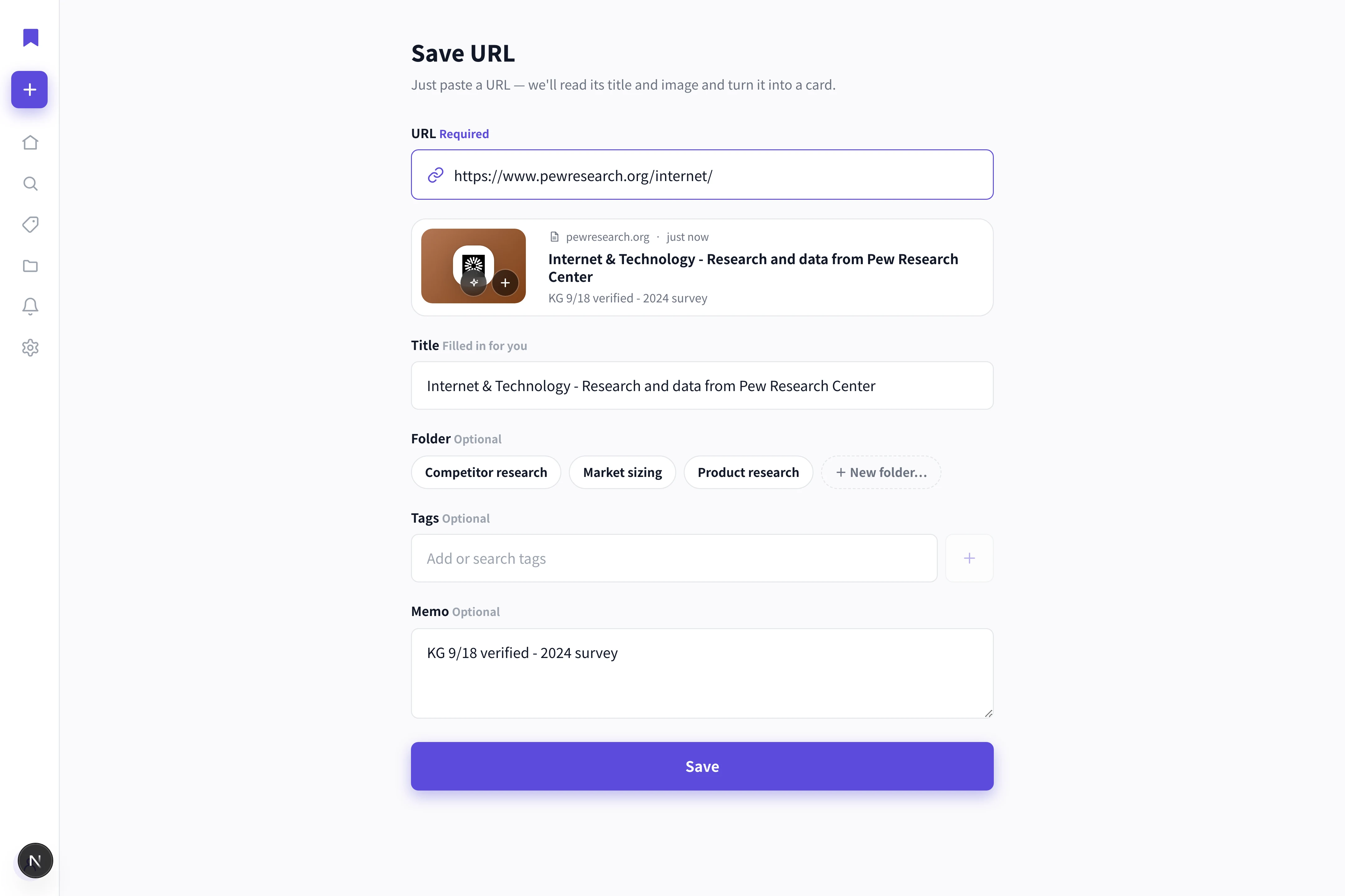 The LaterList save screen with the result of a source check typed into the note field below the page preview